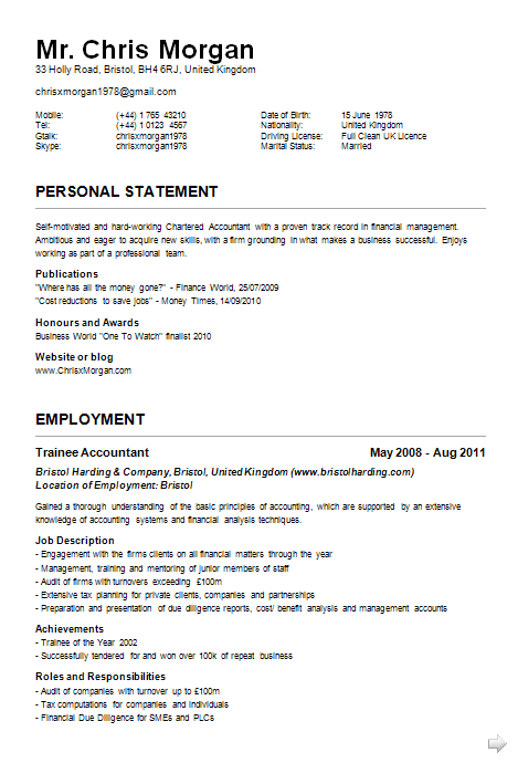 CV Page 1 Curriculum Vitae Examples