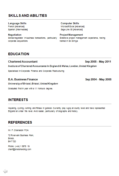 CV Page 2 Curriculum Vitae Examples